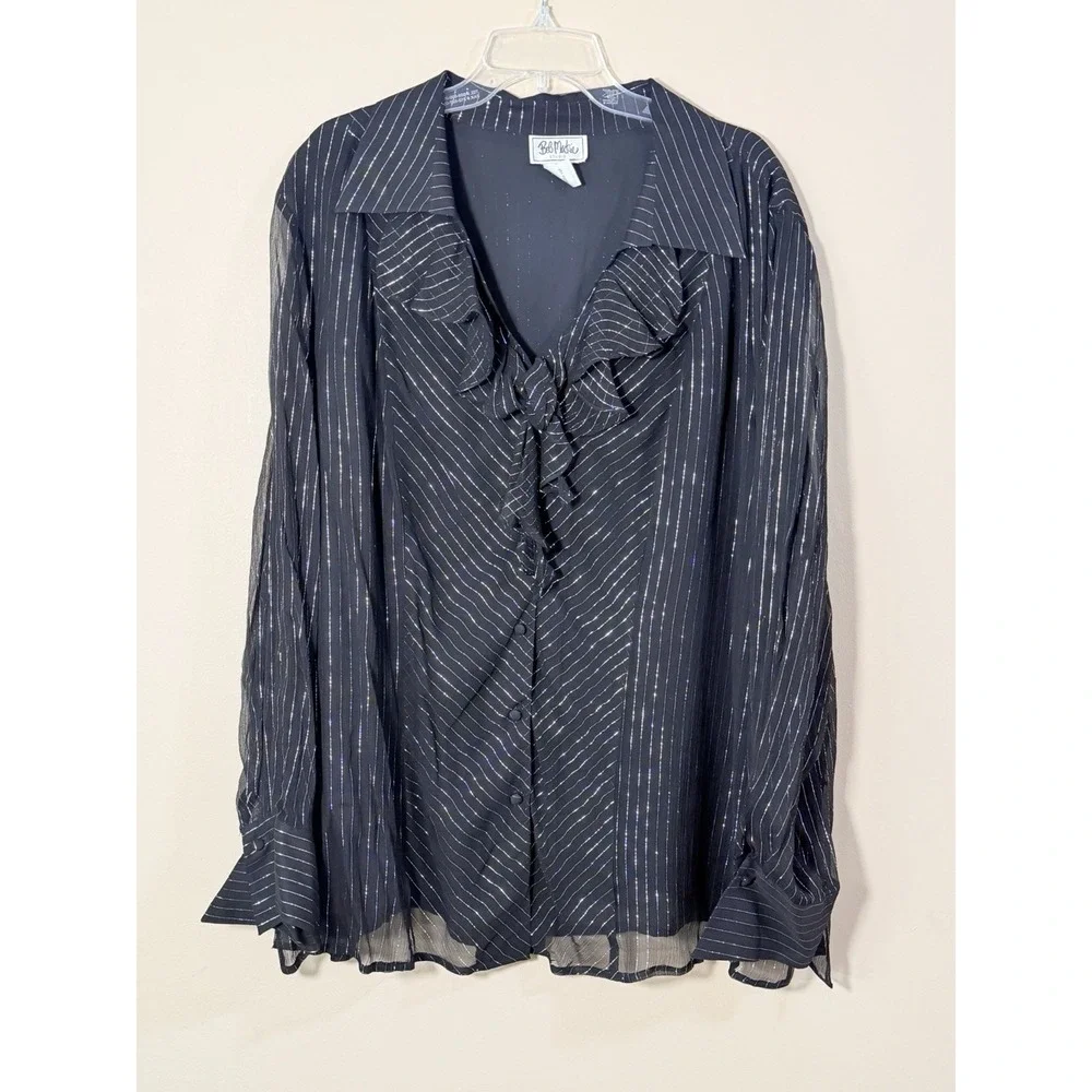 Bob Mackie Studio 3X Black Metallic Stripe Ruffle Tie Neck Sheer Blouse Top‎
